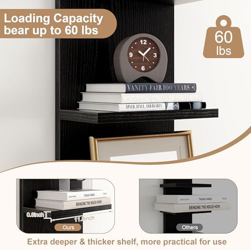 Fun Memories 5-Tier Wall Shelf Unit, 48" Tall Floating Storage Organizer for Bedroom, Living Room, and Home Decor, Black Vertical Shelving Unit