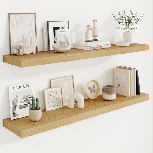 48in Floating Shelves for Wall, 48"W x 9.25"D x 1.25"H, 2 Pack Long Wall Mounted Engineered Wood Shelves with Invisible Brackets for Living Room, Bedroom, Bathroom, Kitchen Decor and Storage, Oak