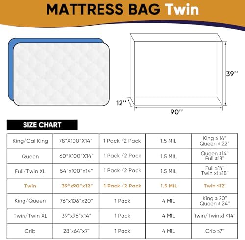 Twin Mattress Bags for Moving and Disposal – Plastic Mattress Protector for Storage,Waterproof Mattress Cover,TearResistant Mattress Wrap,Home Storage,Moving Supplies