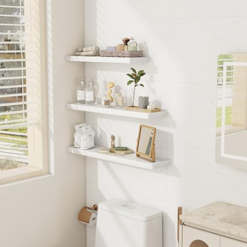 Fun Memories 32 Inch Floating Shelves Wall Shelf Set of 3, White Bathroom Shelves 32 Inch, Farmhouse Home Decor Living Room, Kitchen White Shelves for Wall, 32 x 6.7 x 1.4 Inch