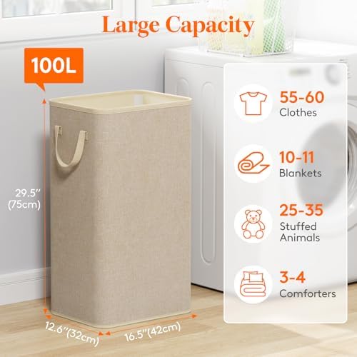 Lifewit 100L Large Laundry Basket with Handles, Beige