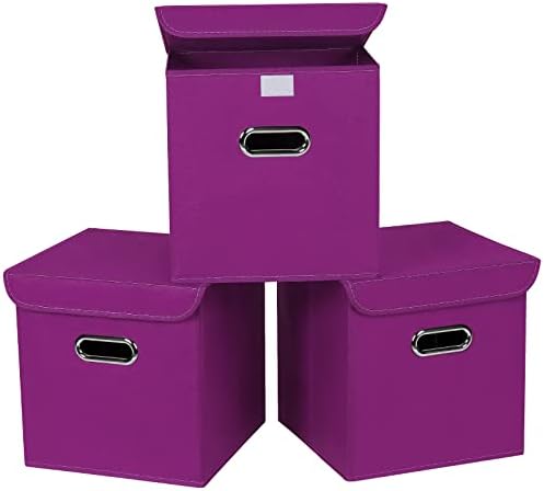 Closet Organizers Fabric Storage Bins With Lids Collapsible Cube Storages Organizer Basket With Handles,Storage Boxes for Clothes Storage,Office,Toys,3 Pack,（Purple