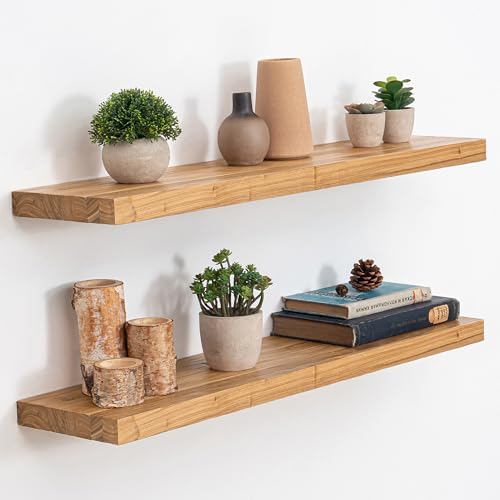 Acovy Extra Deep 32" Long Rustic Solid Wood Floating Shelves for Wall, Wall Shelves with Invisible Bracket for Living Room Bathroom Bedroom Kitchen, Set of 2, Natural
