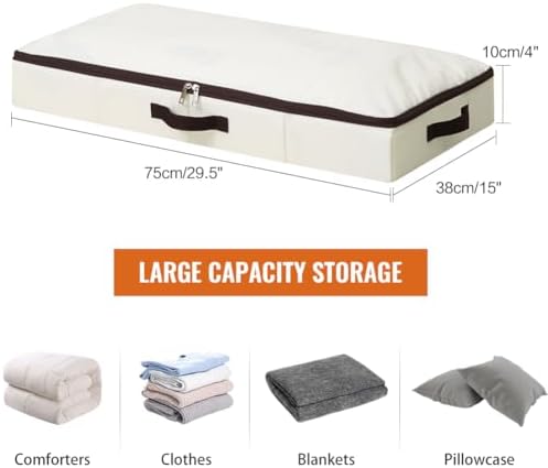 AMJ 2-Pack 4” Height Under-Bed Storage Baskets | Foldable Fabric Drawers for Clothes, Shoes, and Bedding, Beige