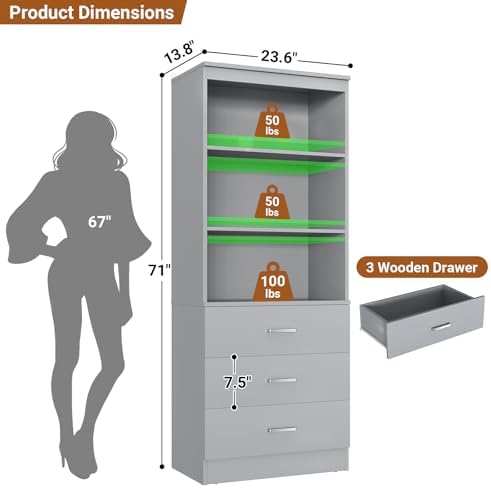 Aheaplus 23.6" Closet Drawers System, Closet System with 3 Drawers, Grey