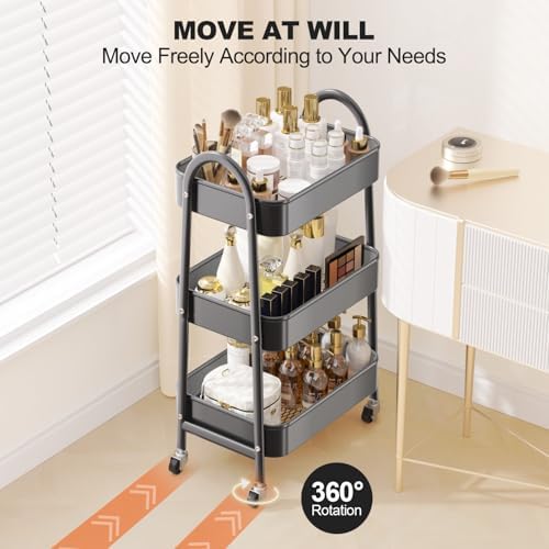 EAGMAK 3 Tier Rolling Cart, Large Metal Storage Cart with Handle and Lockable Wheels, Big Multifunctional Storage Organizer Trolley with Mesh Baskets for Kitchen, Living Room, Office, Garage (Black)