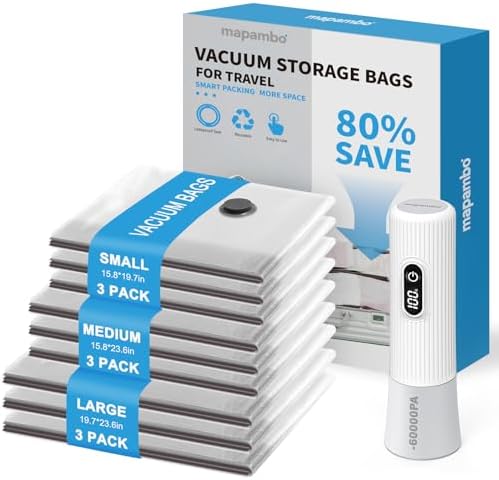 Mapambo Travel Vacuum Bags with -60000Pa LED Pump, 9 Pack Vacuum Seal Bags for Clothing Travel in 3 Combo Sizes, Vacuums Storage Bags for Clothes, Save 80% of Space (9 Combo)