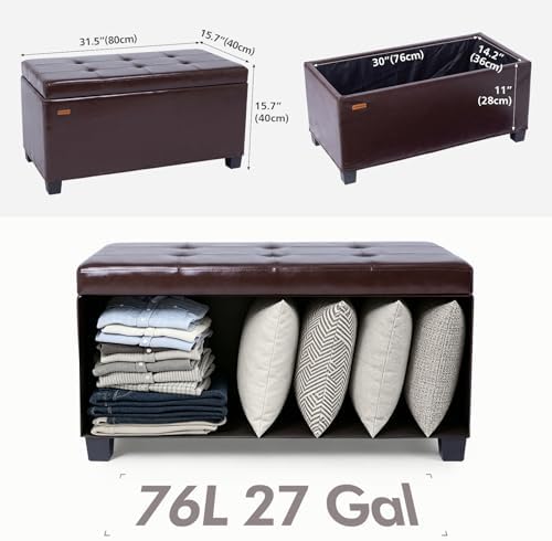ABHENG Storage Ottoman Bench Steel Frame Synthetic Leather Cover with Legs, 31.5”W x 15.7”D x 15.7”H, end of Bed Storage Bench Chest Hold up to 770 LB Living Room Bedroom Brown UASND71R