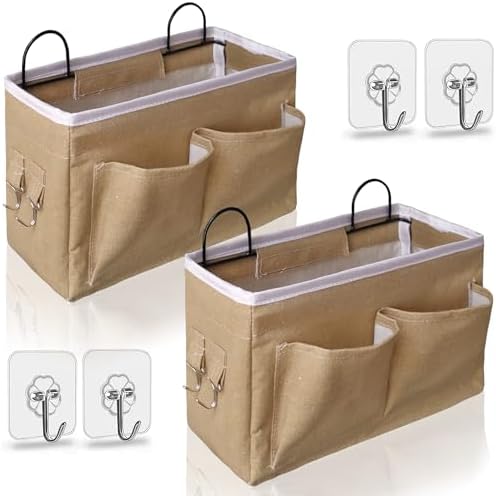 Kanrichu 2pcs Middle Wall Hanging Organizer Bag, Linen Fabric Door Hanging Storage Basket with Pockets, Waterproof Bin for Kitchen, Bedroom, Office, RV Camper (Khaki)