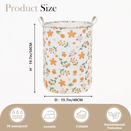Round Fabric Collapsible Storage Basket with Handles, Orange Flower
