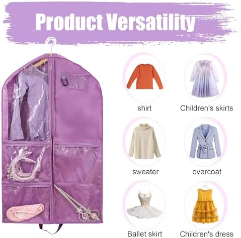 2 Pack Garment Bags for Travel,Dance Costumes Bag,40Inch Garment Bag for Dancers,Kids Cheer Uniform Garment Bags for Hanging Clothes,Dance Recital Bags for Girls,Purple