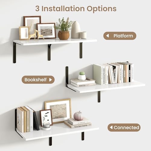 Fun Memories Floating Shelves for Wall, 12 Inch Deep Floating Shelves Set of 2, Wall Mounted Shelf with Metal Brackets, Rustic Wood Wide Shelf for Bathroom, Kitchen and Living Room, White, 32W x 12D