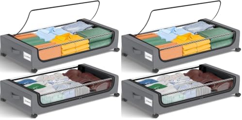GoMaihe Under Bed Storage with Wheels: 48L Underbed Storage Containers with Lids - Rolling Bins for Shoes Clothes in Dorm Bedroom - Metal Drawers Easy Pull-out Grey 4-Pack