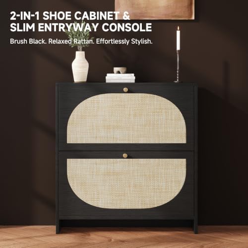 Nicetree Shoe Organizer for Entryway, Slim Shoe Rack with 2 Flip Drawers, Modern Boho Rattan Shoe Cabinet Storage for Entryway, Narrow Shoe Cabinet with Adjustable Shelves for Small Spaces, Black