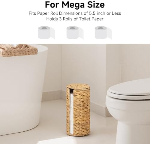 StorageWorks Water Hyacinth Free Standing Toilet Paper Holder Stand for Bathroom, 3 Rolls of Toilet Tissue Storage with a Built-in Cloth Lining, Toilet Roll Holder Stand with Lid (Pack of 2)