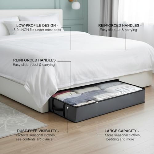 Under Bed Storage Bag with Handles, Foldable Polyester Container for Clothes & Bedding, Low Profile 39.4 x 19.7 x 5.9 Inches, Dark Gray