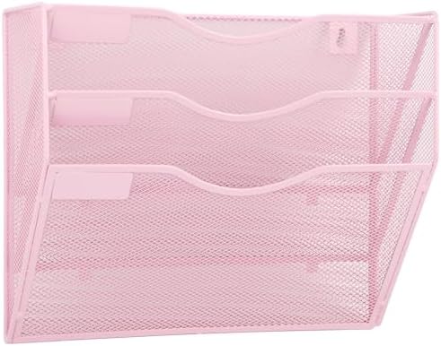EASEPRES 3 Pocket Mesh Hanging Wall File Organizer, Wall Mounted Mail Paper Document Folder Holder, Clipboard Storage Organization Magazine Rack with Nametag Label for Office Home School, Pink