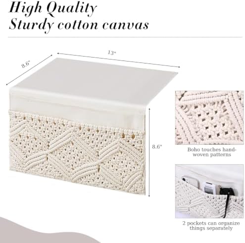 JaGely 2 Pcs 17.3 x 13 Inch Macrame Bedside Caddy Storage Organizer Hanging Boho Remote Control Holder Bedside Storage Basket for Home Couch Tablet Magazine Holder for TV Remote Control Living Room