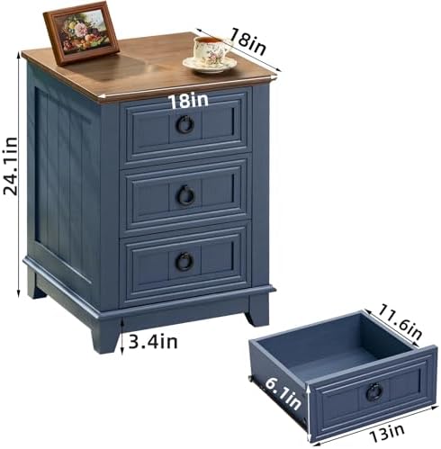 Joaxswe Farmhouse Nightstand Set 2, 18'' End Table | Sofa Bed Side Table with 3 Drawers, Blue Night Stand Cabinet for Organizer Bedroom Living Room