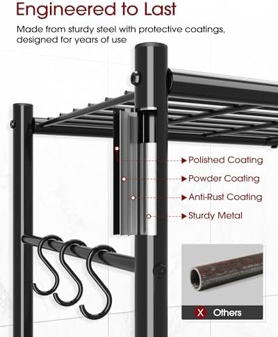 Sakugi Storage Shelves - 4-Tier Spacious Shelf Organizer with Hooks & Leveling Feet, Easy to Assemble, Rust-Resistant Garage Shelving for Kitchen, Pantry, Bedroom, 33.2" x 12.7" x 57.3", Black