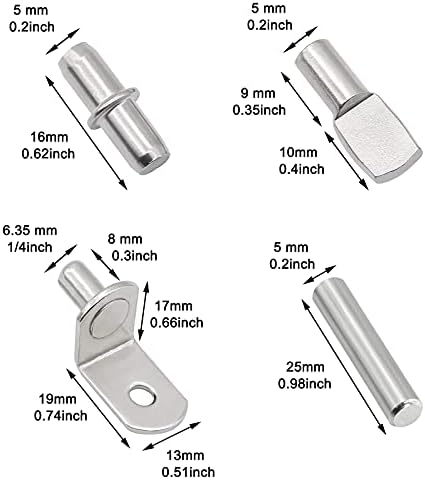 104Pcs Shelf Pins Kit,4 Styles Nickel Plated Shelf Support Pegs,Bookshelf Pegs for Shelves,Cabinet Shelf Bracket Pegs Shelf Pins Holders for Kitchen Furniture & Closet ( 5mm & 1/4inch )