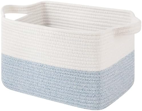 OIAHOMY Woven Storage Basket for Shelves, Rectangle Cotton Rope Baskets for Organizing, 13 x 10 x 9 in, Storage Bins for Dog Toys,Towel,Books,Gift,Blue and White