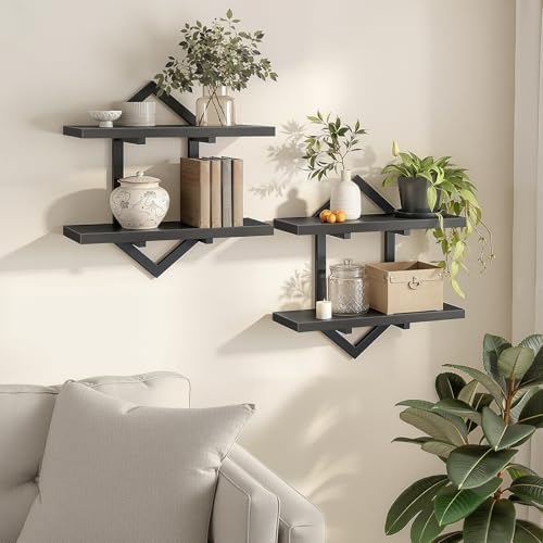 HOOBRO Floating Shelves for Wall, Set of 2 Wall Shelf, 15" Hanging Shelves | 2-Tier Wall Mounted Storage Shelves, for Living Room Bedroom Kitchen Office Study Bathroom Wall Decor, Black