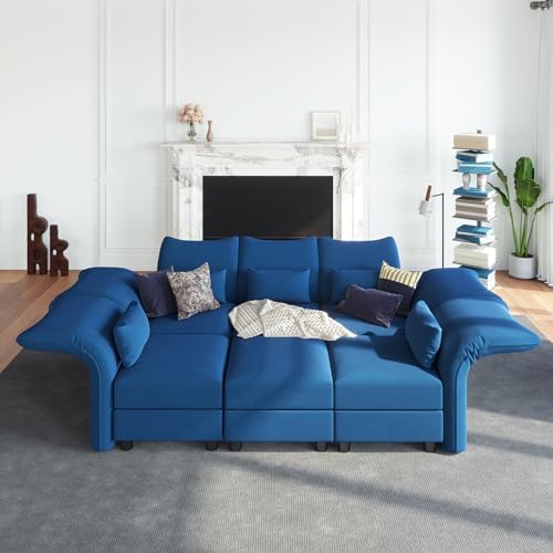 LLappuil Oversized Sleeper Sectional Sofa Couch, 102.2" 6-Seater Bed Shaped Modular Sectional Sofa with Storage Chaise, High Back Recliner Velvet Couches, Anti-Scratch Blue
