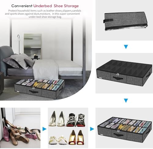Onlyeasy Sturdy Under Bed Shoe Storage Organizer Fit 8 to 16 Pairs, Collapsible Closet Underbed Shoes Container Bags with Reinforced Handles, 37.7x23.6x5.9in, Linen-like Black, MXAUBS16P1