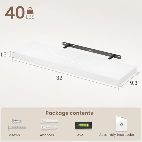 Vivelove Floating Shelves 9 inch Deep 32”Long Set of 2, White | Easy Install With Hardware, 1.5" Thick, Invisible Brackets, Wall Mounted, No Sagging, For Any Room