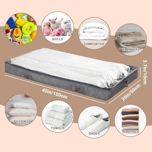 2 Pack 50L Low Profile Under Bed Storage Containers,4 Inches High Lightweight Underbed Storage NO STRUCTURE,Large Foldable Underbed Cloth Storage Bags for Blanket Fits Under Sofa,Couch,Grey