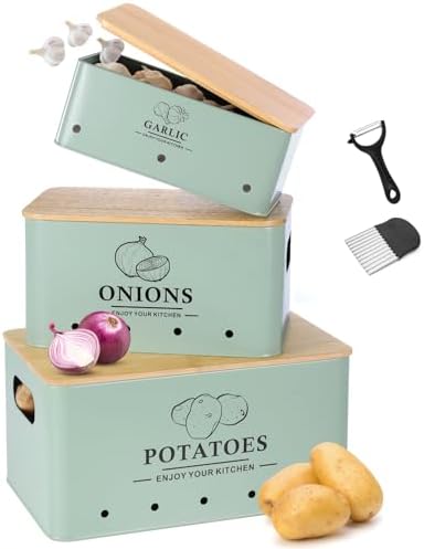 Kitchen Vegetable Storage Set of 3, Metal Onion Garlic Potato Storage Set, Kitchen Canisters Vegetable Keeper Containers with Aerating Holes and Bamboo Lid,Sage Green