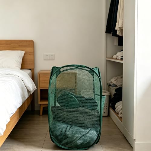 Larpur Pop Up Laundry Hamper Collapsible Mesh Clothes Basket, Dark Green | Portable Laundry Hamper Foldable Dirty Clothes Hamper Storage for Home, Dorm, Travel, Cruise