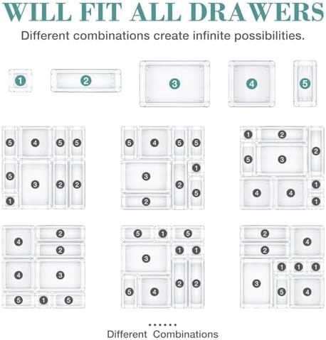 10 PCS Drawer Organizer Set, 5 Size Bathroom and kitchen organizer Trays | Bathroom and kitchen Drawer cabinet organizer Trays, Clear Storage Bins for Makeup, Jewelry, Utensils and Gadgets