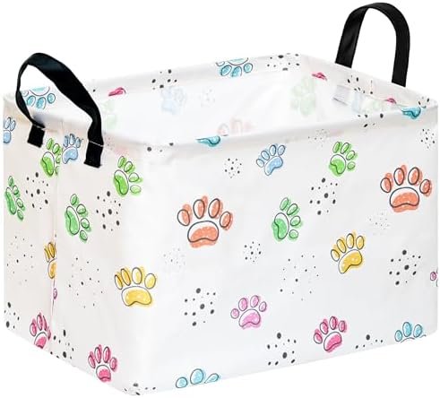 Baby Storage Basket,Colorful Dog Paw Print,Waterproof Lining, Leather Handles, Collapsible for Kids Toys, Pets Supplies, Gift Basket