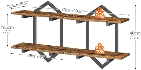 HOOBRO Floating Shelves for Wall, Set of 2 Wall Shelf, 15" Hanging Shelves | 2-Tier Wall Mounted Storage Shelves, for Living Room Bedroom Kitchen Office Study Bathroom Wall Decor, Rustic Brown and Black