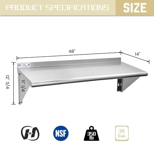 Hally Stainless Steel Shelf 14"x48" NSF Commercial Wall Mount Rack Shelving | 350LB, Metal Wall Shelves, Kitchen Racks & Shelves, Floating Shelving, Heavy Duty, for Restaurant, Kitchen, Home & Hotel