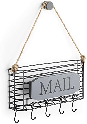 SRIWATANA Mail Organizer Wall Mount, 5 Key Hooks, Small, Weathered Grey