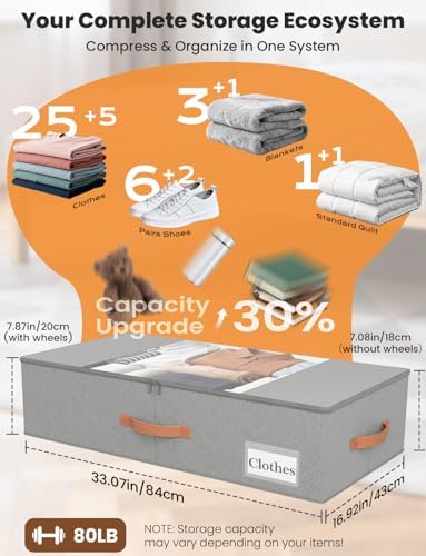 TOSKING 2-Pack Under Bed Storage Drawers with Wheels, 6 Vacuum Bags, 7.9" Height, Large 65L/80 lbs Clear Lid Rolling Bin, 900D Oxford, Space Saver for Dorm Bedroom, Blankets, Clothes, Shoes, Gray