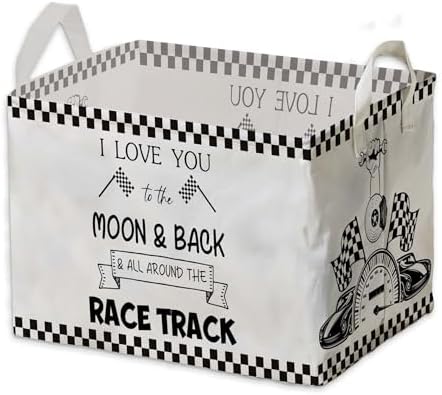 Race Car Storage Basket for Boys, Boys Checkered Basket, Race Flag Kids Baby Storage Bin Toy, Car Themed Room Decor for Nursery, Large Squarecanvas Laundry Hamper With A Waterproof PECoating, Foldable