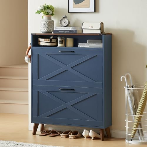 Joaxswe Narrow Shoe Cabinet with 2 Flip Drawers for Entryway,Dark Blue