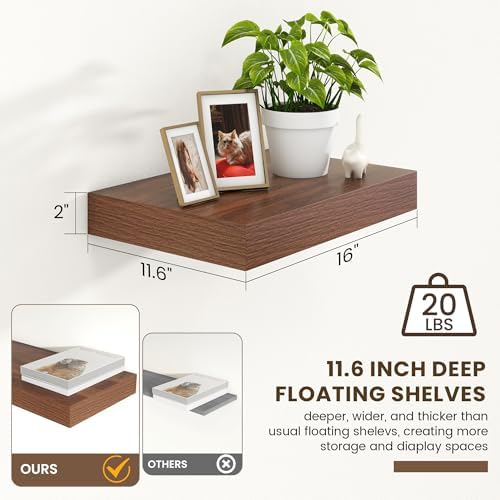 FLYJOE 12 Inch Deep Floating Shelves, 16 Inch Walnut Wall Shelves Set of 2