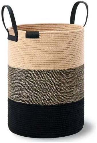 VIPOSCO 72L Tall Woven Rope Laundry Hamper, Leather Handles, Brown & Black | Large Wicker Laundry Basket for Dirty Clothes, Blanket, Toy, Towel, Yoga Mat, Storage Bin in Bedroom, Bathroom, Living Room