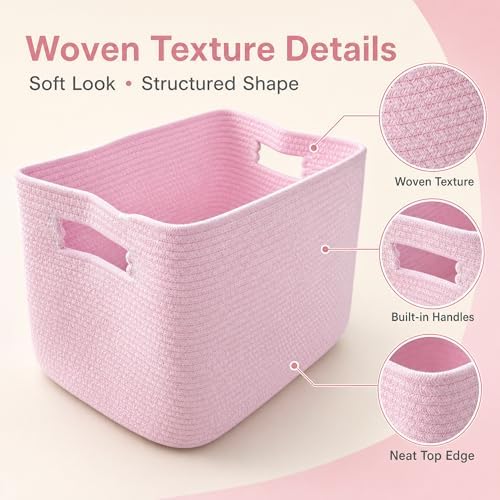 Cotton Rope Laundry Basket Small, 12.8GAL Collapsible Woven Storage Baskets for Living Room Kids Toys Stuffed Animal,Boho Rectangular Decorative Short Hamper for Dirty Clothes, Blankets Light Pink