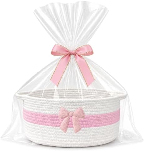 Woven Gift Basket Empty with Bag, Ribbon and Card, 14x 10x 6 in, White+Pink