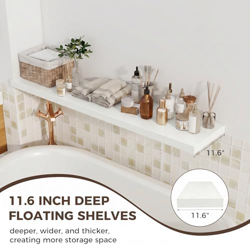 Fun Memories 12 Deep Floating Shelves for Wall, 55W x 12D Extra Large Floating Shelves Set of 2, Hanging Wood Wall Shelves for Living Room, Kitchen, Bedroom, Farmhouse, Laundry Room, Office - White