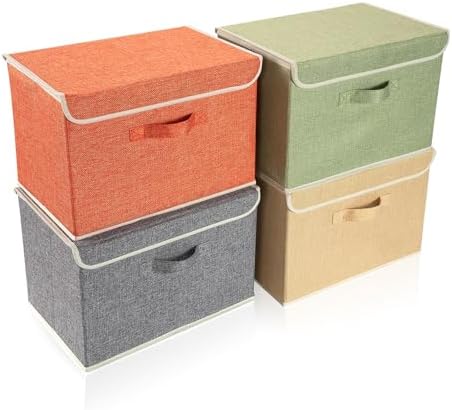 Storage Bins with Lid, Foldable Clothing Storage Box case with Handle for Books, Closet, Bedroom, Home, 4 Color Set A, 15L x 10W x 10H inch