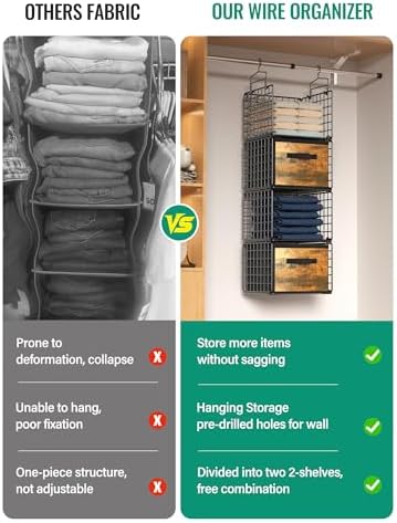 Hanging Closet Organizer with Drawers, 4 Tier Metal Closet Organizers and Storage with 4 Hanging Hooks 4 S-Hooks for Wardrobe Laundry Room, Wire Storage Shelf for Clothes Sweaters Pants (Black)