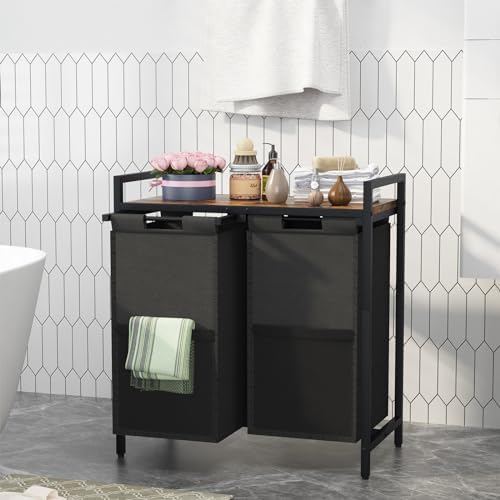 Huhote Laundry Hamper, double Laundry Basket, Laundry Sorter with Top Shelf & 2 Removable Washable Bags & Side Pockets for Laundry Room organization, Bathroom and Dorm, Rustic Brown and Black