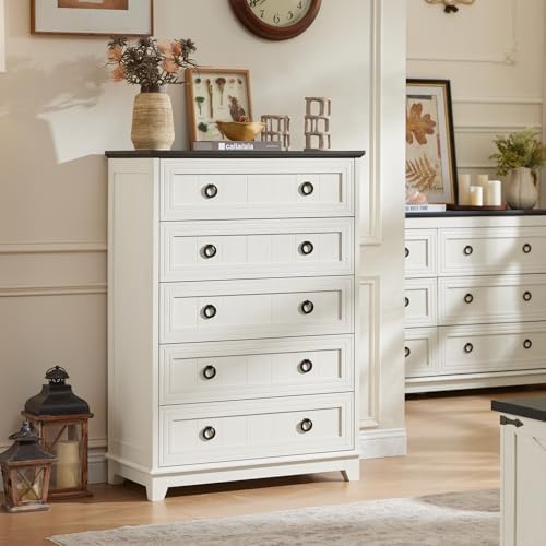 Joaxswe Farmhouse 5 Drawer Dresser for Bedroom, 42" Tall Chest of Drawers | Rustic Wood Dresser with Metal Handle, Storage Organizer Closet for Living Room, Hallway, Entryway, White